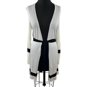 MaxMara White Black Trim Tie-Waist Ribbed Midi Duster Jacket Cardigan Sweater S